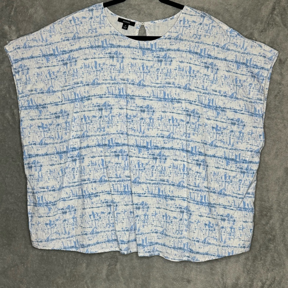 Alfani 3X Shirt Top Blue White Striped Cap Sleeve Round Neck Linen Stretch Boxy